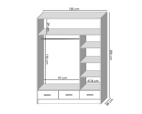 Šatníková skriňa Sovy so šuplíkmi a zrkadlom 150x200x58 cm, biela, rozmery