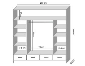 Šatníková skriňa Sovy so šuplíkmi a zrkadlom 200x200x58 cm, dub sonoma, rozmery